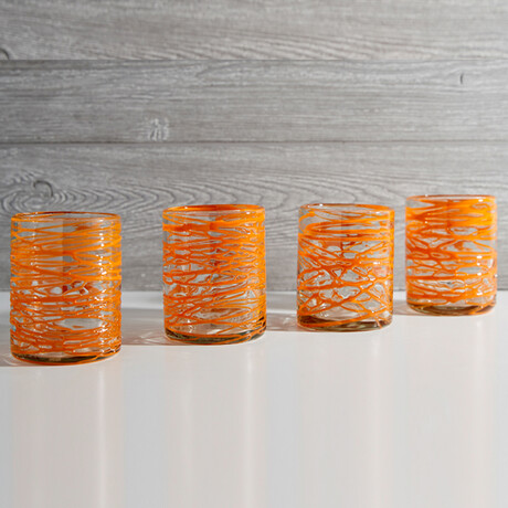 Handblown Glasses // Set of 4 // Orange Swirl