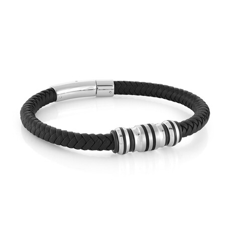 Beaded Leather Bracelet // 9mm // Black + Silver