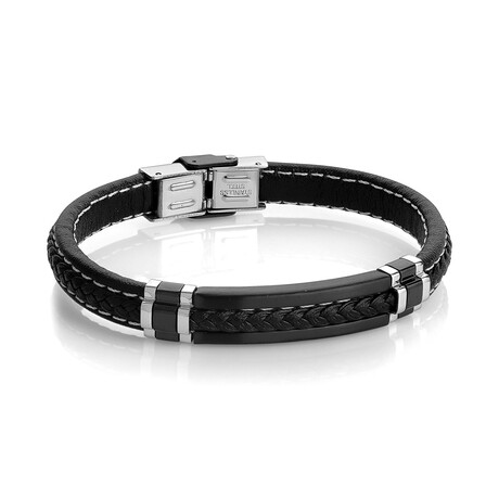 Braided Leather Bracelet // 10mm // Black + Silver