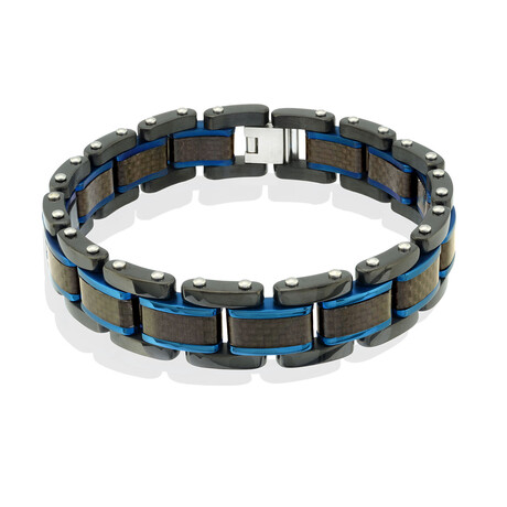 Polished Brushed Carbon Fiber Bracelet // 14mm // Black + Blue