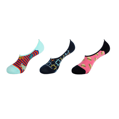 Sea Turtles + Squares + Burgers No Show Socks // 3-Pack // Assorted