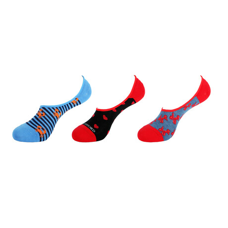Lobsters + Hearts + Balloon Dogs No Show Socks // 3-Pack // Red + Blue