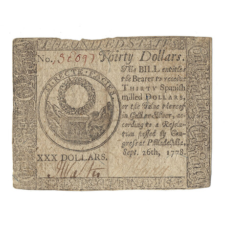 1778 Contintental Currency $30 Banknote