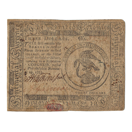 1775 Continental Currency $3 Banknote