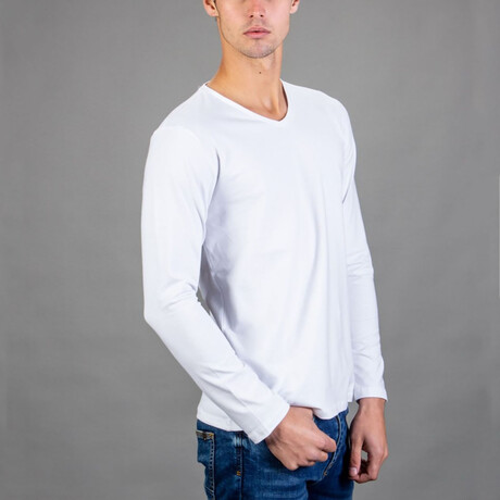 Long Sleeve Slim Fit V-Neck T-Shirt // White (X-Small)