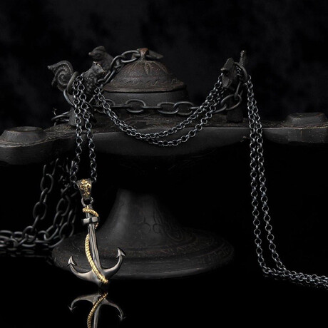 Rhodium Plated Anchor Necklace // Black + Gold