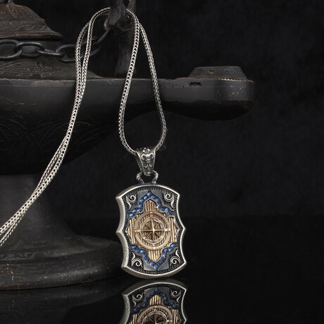 Compass Necklace // Silver + Blue + Bronze