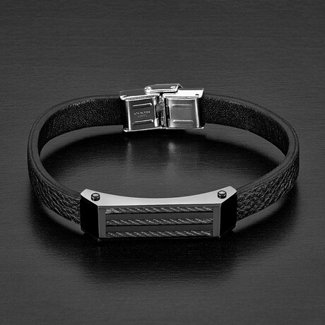 Cable Inlay ID Plate + Leather Bracelet // Black + Silver