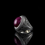 Natural Cabochon Ruby Ring  // Silver + Red (6.5)