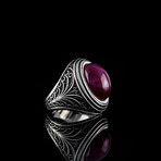 Natural Cabochon Ruby Ring  // Silver + Red (5.5)