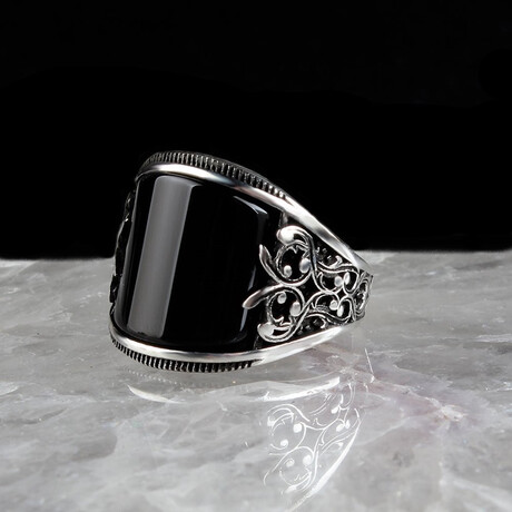 Curved Black Onyx Ring // Silver + Black (5)