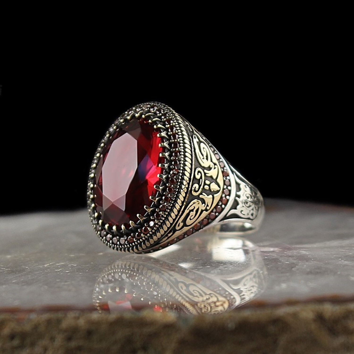 Two-Toned Elegant Ring + Red Stone // Silver + Red + Bronze (5.5 ...