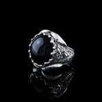 Hand Engraved Black Onyx Ring // Silver + Black (7.5)