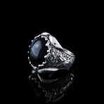 Hand Engraved Black Onyx Ring // Silver + Black (9)