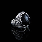 Hand Engraved Black Onyx Ring // Silver + Black (7)