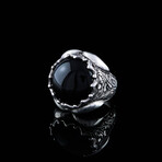 Hand Engraved Black Onyx Ring // Silver + Black (9)