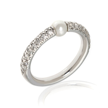 Mimi Milano Nagai Sirenette 18k White Gold Diamond + Pearl Ring // Ring Size 6.75