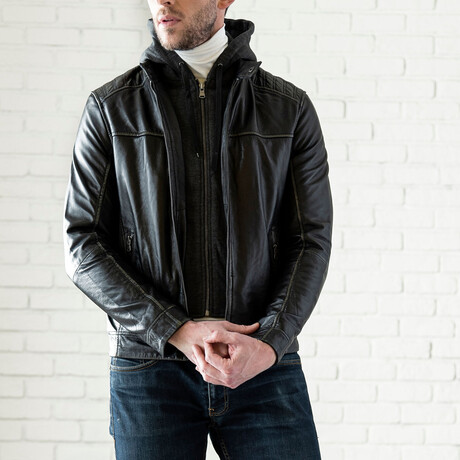 Removable Hood Leather Jacket // Black (XS)