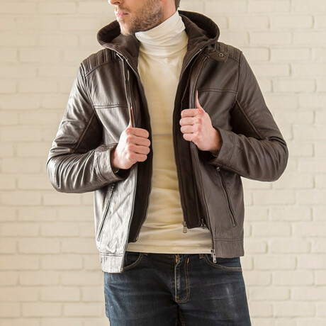 Removable Hood Leather Jacket // Brown (XS)