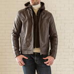 Removable Hood Leather Jacket // Brown (XS)