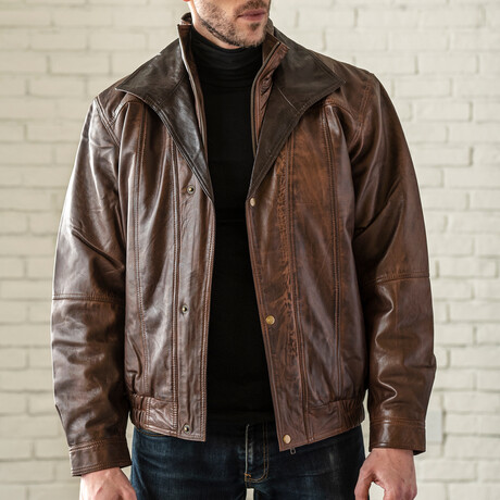 Double Collar Leather Bomber // Brown (XS)