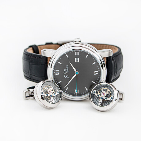 J.Ciro Bundle // Ambassador Dress Quartz Watch // LESSSBLK + Stainless Steel Cuff Links + Black Travel Wallet