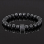 Hematite Cube + Onyx Beads Stretch Bracelet // 8mm (Polished Black Onyx)