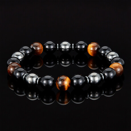 Tiger Eye + Shiny Onyx + Magnetic Hematite Bracelet // Brown + Black + Gray // 10mm