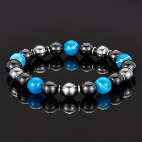 Banded Agate + Shiny Onyx + Magnetic Hematite Bracelet // 10mm