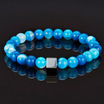 Hematite Cube + Blue Banded Agate Beads Stretch Bracelet // 8mm