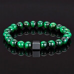 Hematite Cube + Tiger Eye Beads Stretch Bracelet // Green + Gray // 8mm