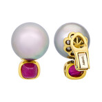 18k Yellow Gold Ruby + Tahitian Pearl Drop Earrings // Store Display