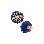 14K Yellow Gold Lapis + Diamond Floral Carved Earrings