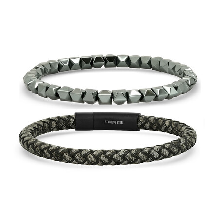 Anthony Jacobs // Braided Leather + Studded Hematite Bracelet Set // Black + Gray
