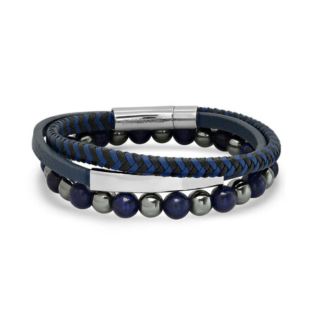 Anthony Jacobs // Leather + Stainless Steel + Lapis Hematite Beaded Bracelet Set // Blue + Metallic + Gray