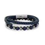 Leather + Stainless Steel + Lapis & Hematite Bracelets // Set of 3 // Blue + Metallic + Gray