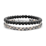 Anthony Jacobs // Braided Leather + Lava Beaded Bracelet Set // Gray + Metallic + Black
