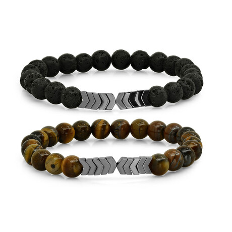 Tiger Eye + Lava Stone Arrow Bracelets // Set of 2 // Brown + Black + Silver