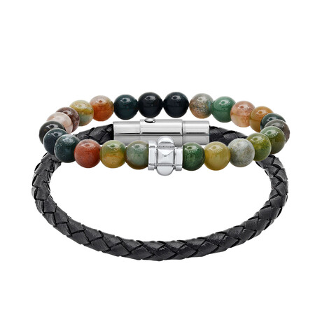 Anthony Jacobs // Braided Leather + Beaded Bracelet Set // Multicolor