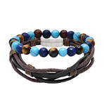 Anthony Jacobs // Layered Leather + Beaded Bracelet Set // Brown + Blue