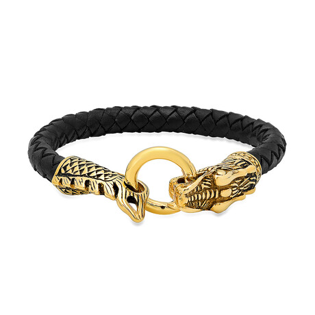 Stainless Steel Dragon + Leather Bracelet // Gold Plated + Black