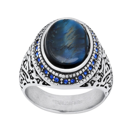 Anthony Jacobs // Stainless steel + Tiger Eye + Simulated Diamonds Ring // Metallic + Blue (Size 9)