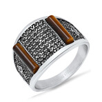 Anthony Jacobs // Stainless Steel + Tiger Eye + Cubic Zirconia Ring // Metallic + Brown (Size 9)