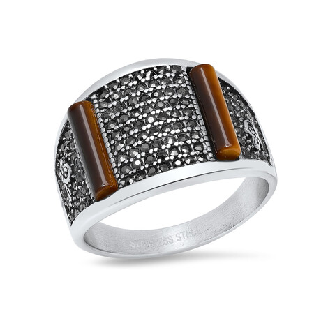 Anthony Jacobs // Stainless Steel + Tiger Eye + Cubic Zirconia Ring // Metallic + Brown (Size 9)