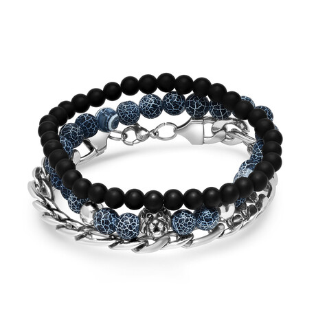 Blue Agate + Lava Stone + Franco Chain Bracelets // Set of 3 // Blue + Oxidized Silver + Black