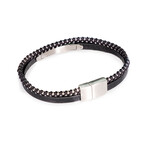 Dell Arte // Double Layer Stainless Steel + Leather Bracelet // Silver + Black