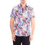 Floral Short Sleeve Button Up Shirt // Blue + Red (S)