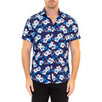 Floral Short Sleeve Button Up Shirt // Blue (M)