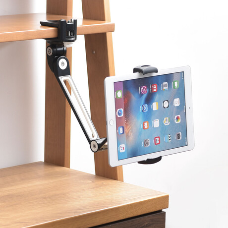 Tablet iPad Stand // Adjustable Long Arm + 360° Swivel Bracket // Black