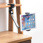 Tablet iPad Stand // Adjustable Long Arm + 360° Swivel Bracket // Black